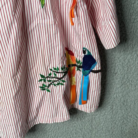 Bechamel 2X Red White Stripe Button Shirt Parrot‎ Floral Embroidered Cotton Top - Picture 7 of 13